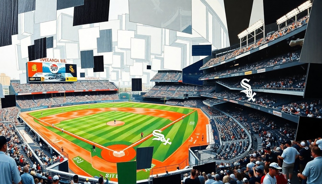 A cubist, geometric painting depicting a fragmented baseball game or match, with sharp planes of black, white, and silver colors representing the Chicago White Sox's official team colors.