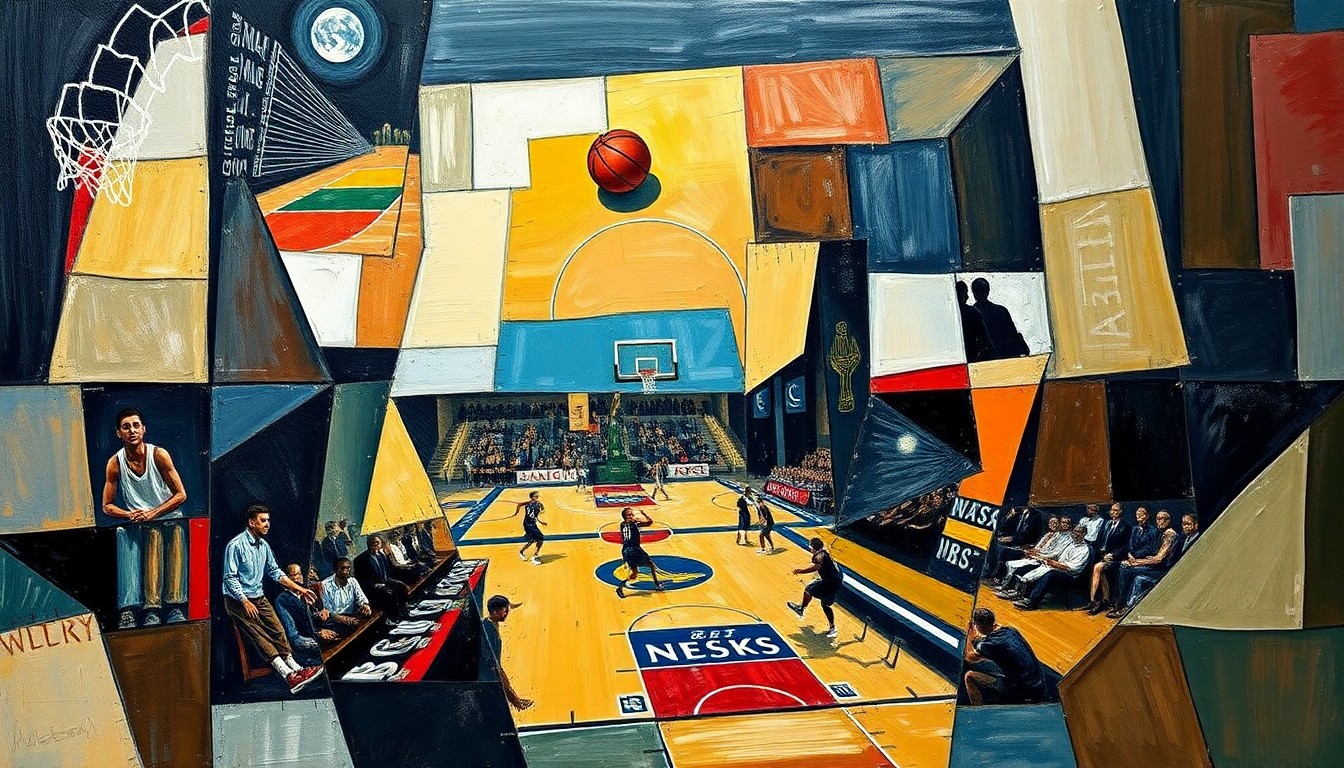 A cubist-style painting depicting a basketball game, with the players and court broken down into sharp, overlapping geometric shapes in a vibrant color palette.