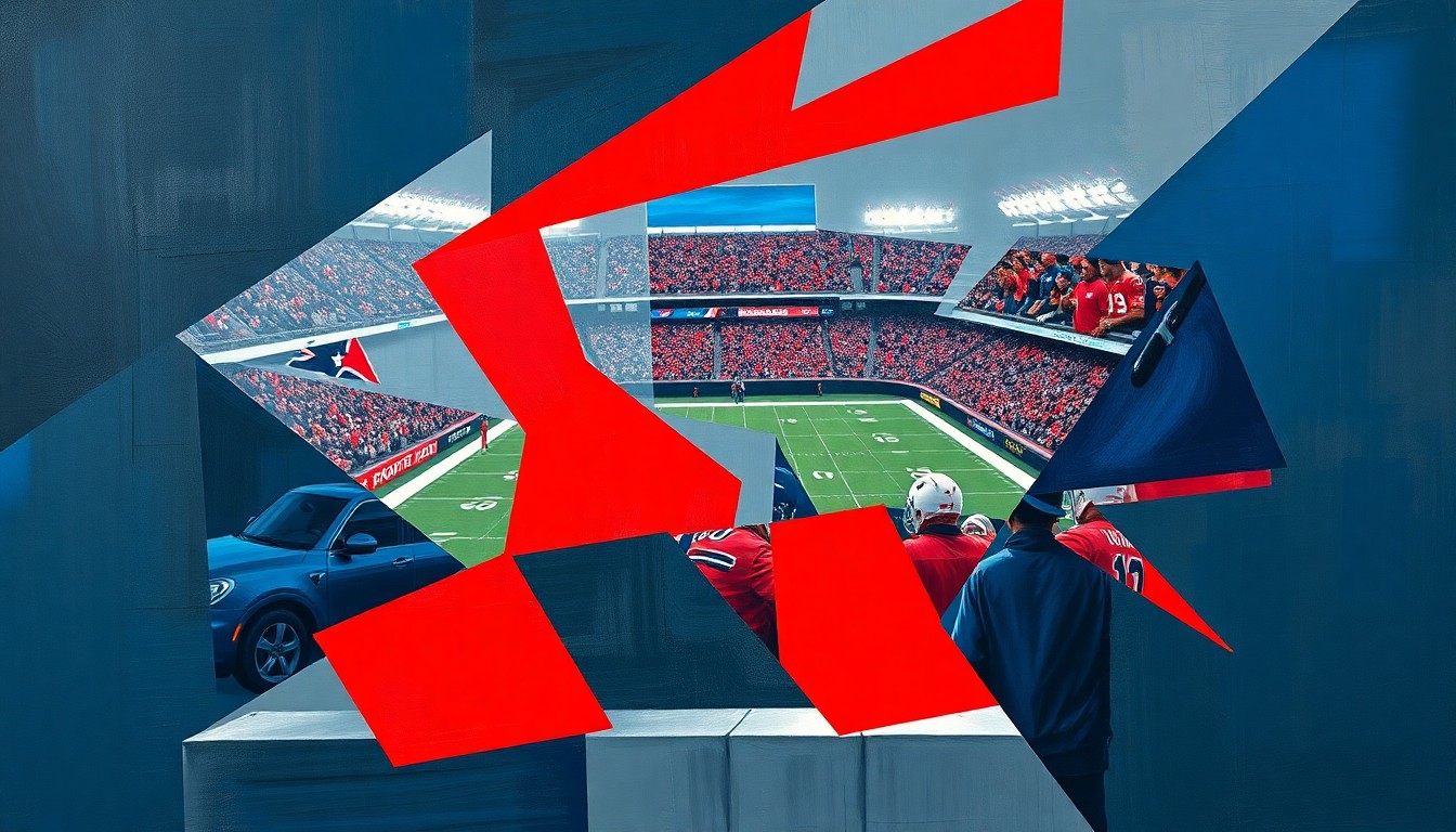 A cubist, geometric painting depicting fragmented, overlapping shapes and planes in shades of navy, crimson, and grey, conceptually representing the intricate dynamics of NFL teams' draft strategies.