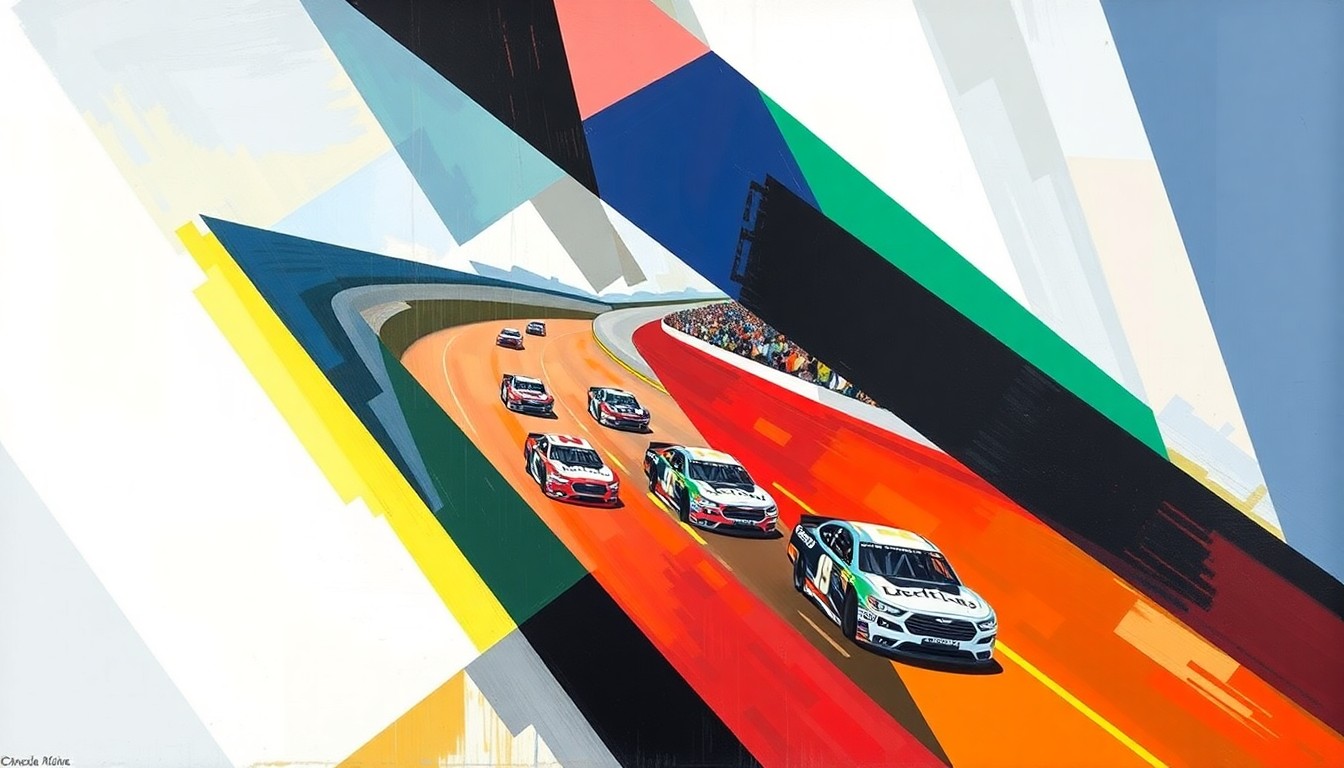 A cubist, geometric painting depicting the chaotic moments of a multi-truck crash on a racetrack, with sharp, overlapping planes of color representing the collision and its impact on the race.