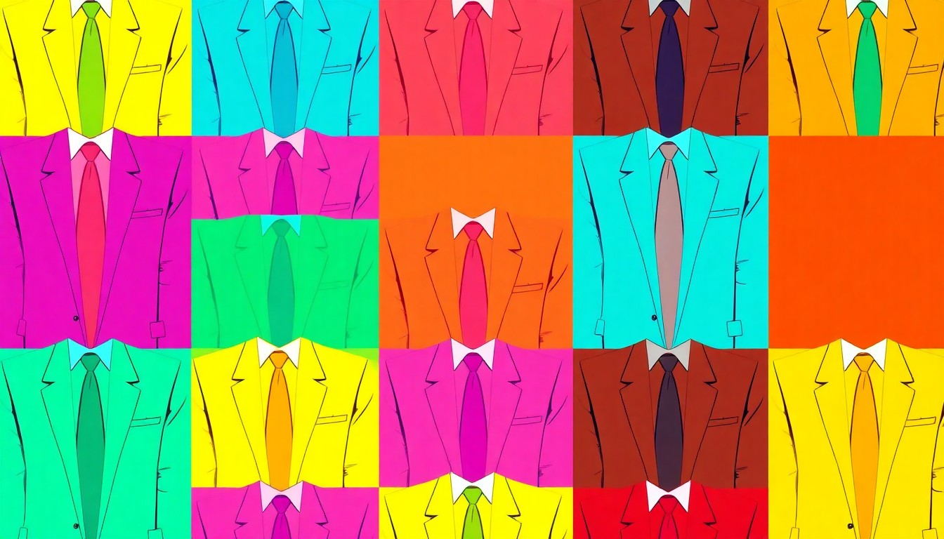 A highly stylized, abstract silkscreen print featuring a repeated pattern of a single men's suit in bold, neon colors, conceptually representing the importance of professional clothing for job seekers.