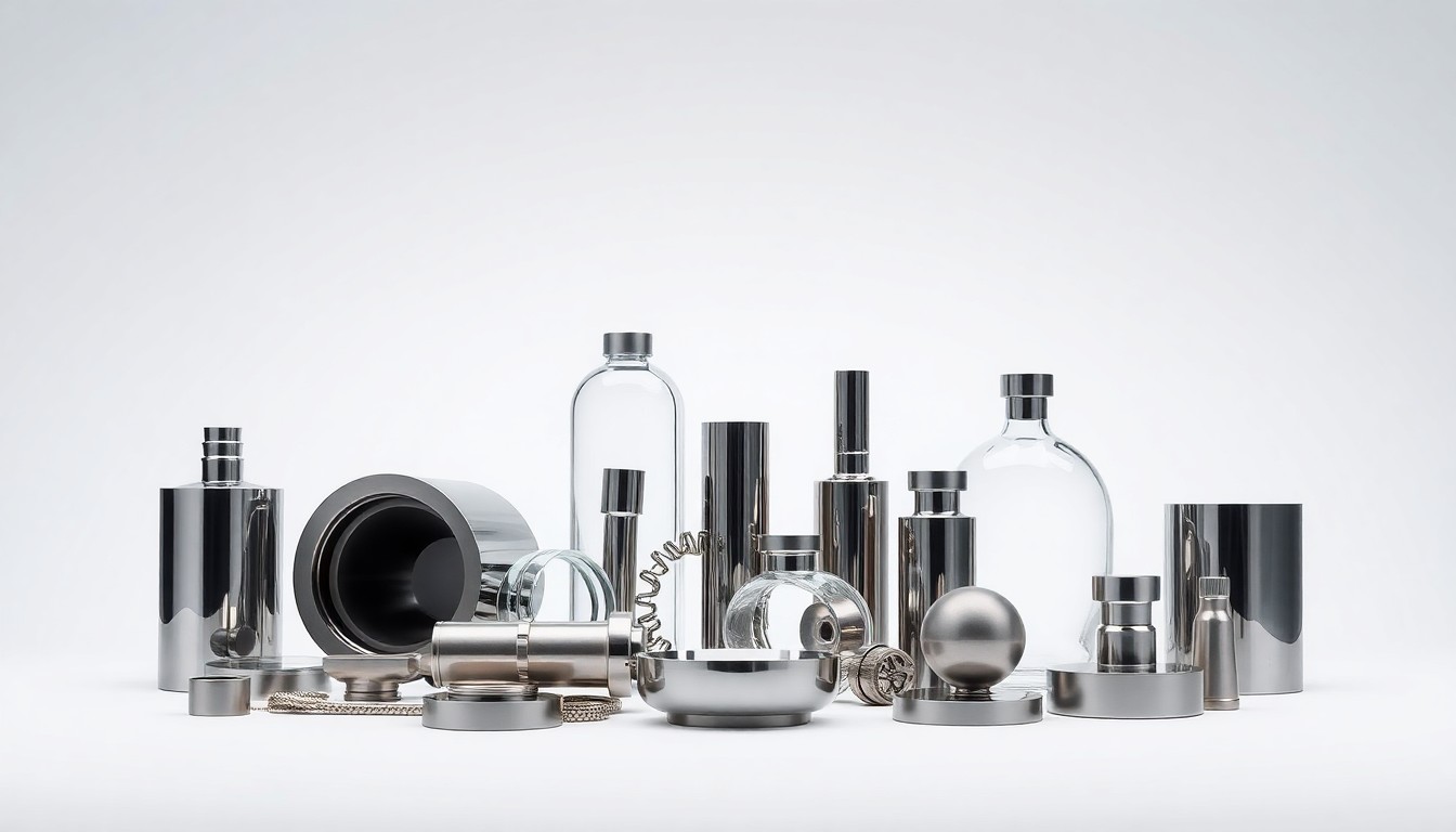 A minimalist studio still life photograph featuring a collection of shiny, geometric metal and glass objects arranged on a plain white background, conceptually representing the complex engineering and materials involved in large-scale infrastructure projects.