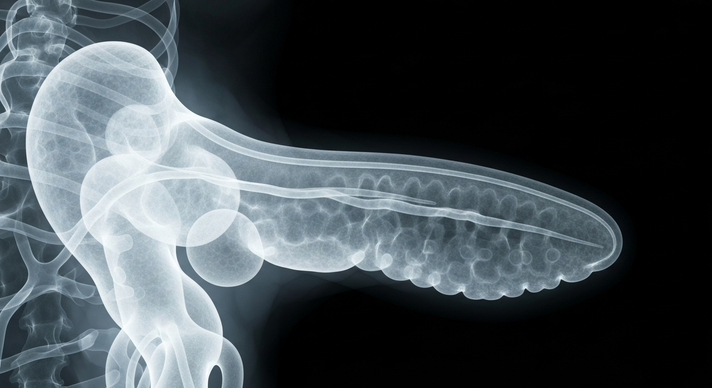 A ghostly, translucent X-ray image showing the internal structures of the human digestive system, including the pancreas, in glowing lines against a dark background, conceptually representing the complex biological factors behind GLP-1 resistance.