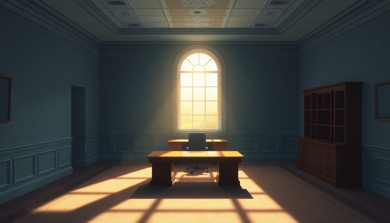 A cinematic painting of an empty congressional office bathed in warm, diagonal sunlight and deep shadows, conceptually representing the passing of a long-serving New York Congressman.