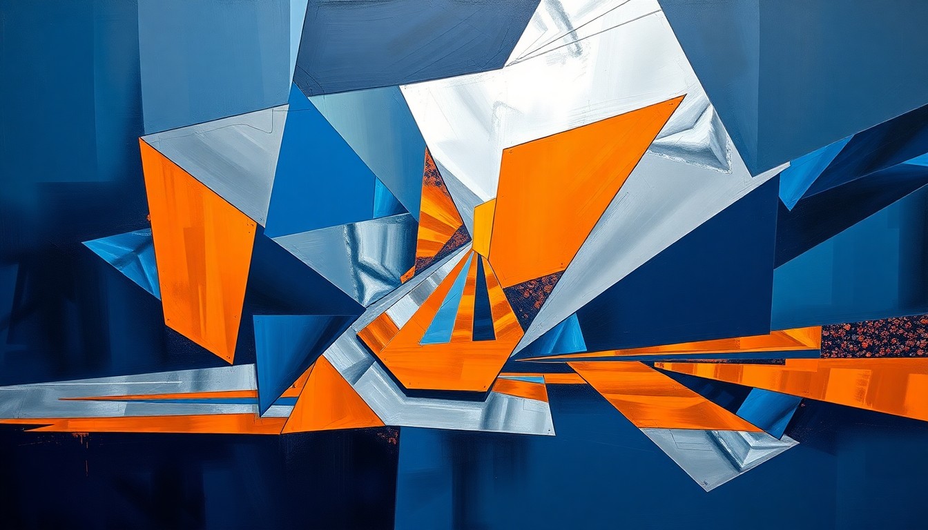A cubist, multi-angled painting in navy, orange, and silver tones depicts the dynamic action of a NASCAR Truck Series race, with the vehicles and track fragmented into sharp, overlapping planes.