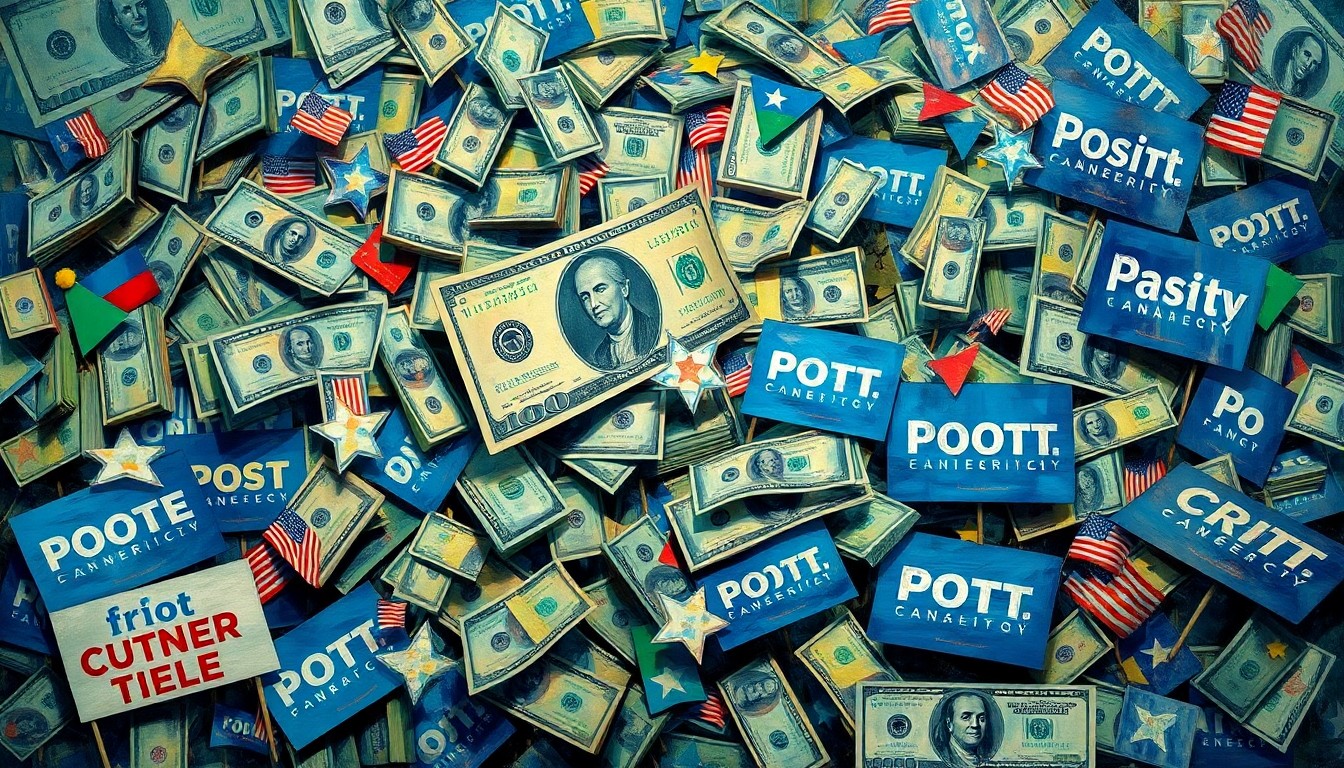 A vibrant, abstract painting featuring overlapping geometric shapes and fragments of political imagery in shades of blue, green, and gold, conveying the chaotic influence of outside money in Democratic primaries.