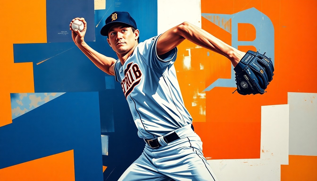 A fractured, multi-perspective painting depicting a baseball pitcher's windup and delivery broken down into sharp, overlapping geometric planes in vibrant navy blue, orange, and white colors.