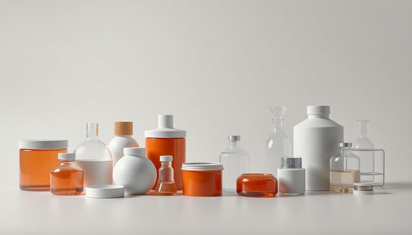 A photorealistic studio still life featuring an arrangement of premium coatings equipment and chemistry lab tools on a clean, monochromatic background, using dramatic lighting and shadows to convey the abstract technical nature of the coatings industry.