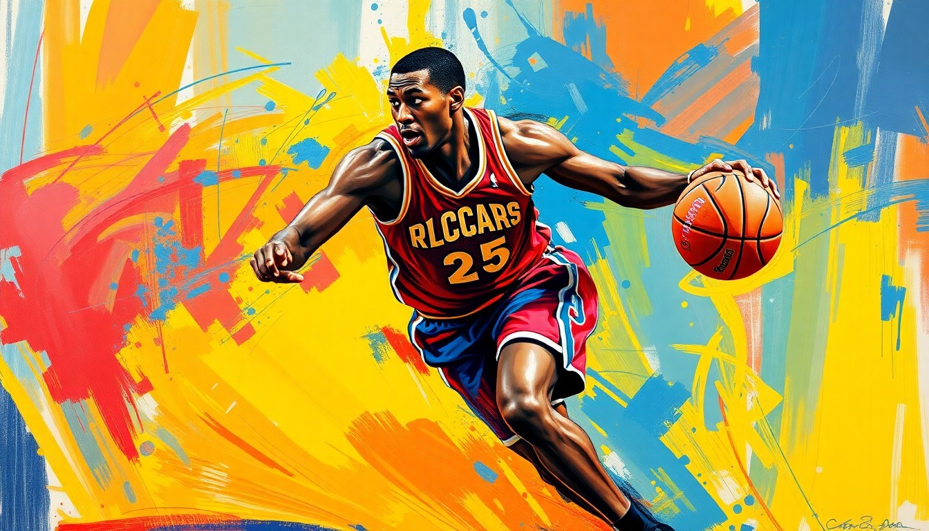 An abstract, expressionist painting featuring dynamic brushstrokes and neon colors that capture the raw athleticism and competitive spirit of a basketball player in motion.