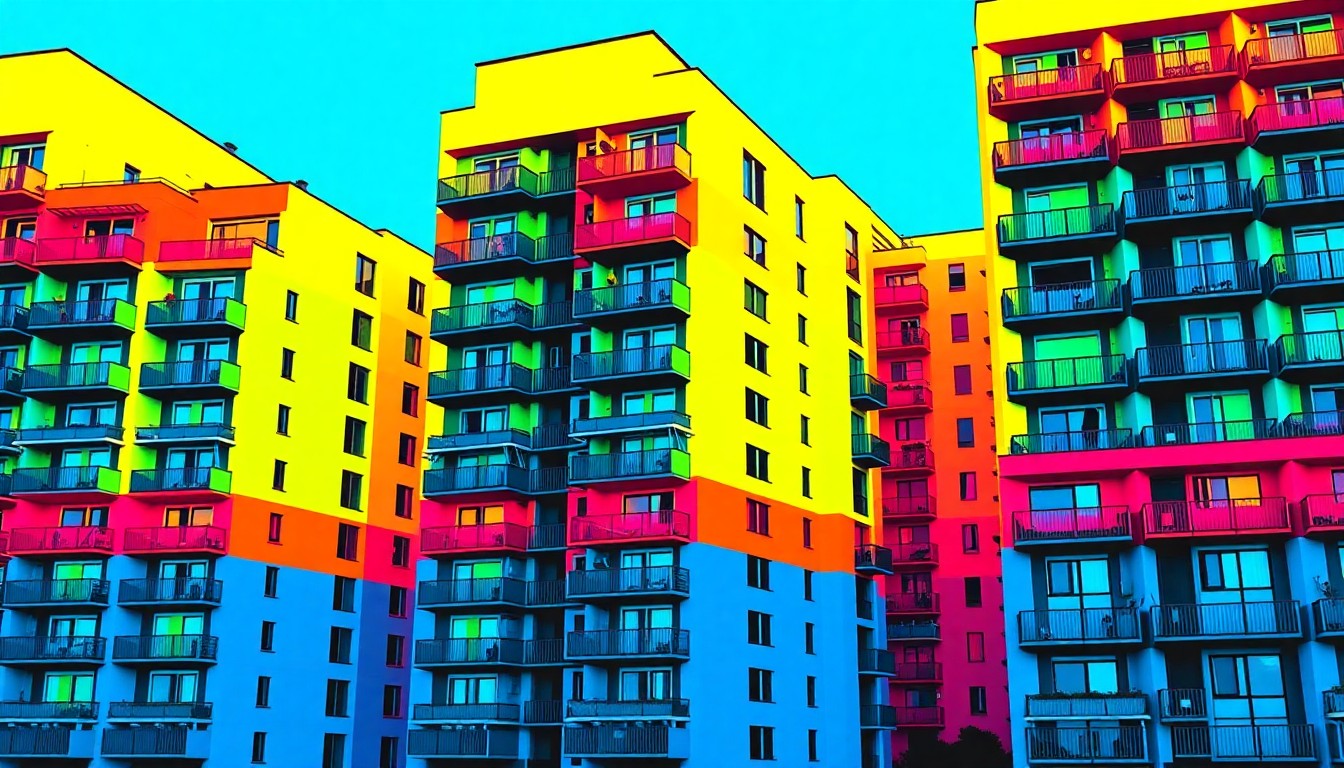 A high-contrast, silkscreen-style illustration of a modern apartment building rendered in a grid of bright, neon-like colors, conceptually representing the luxury residential architecture of Newark's cultural district.