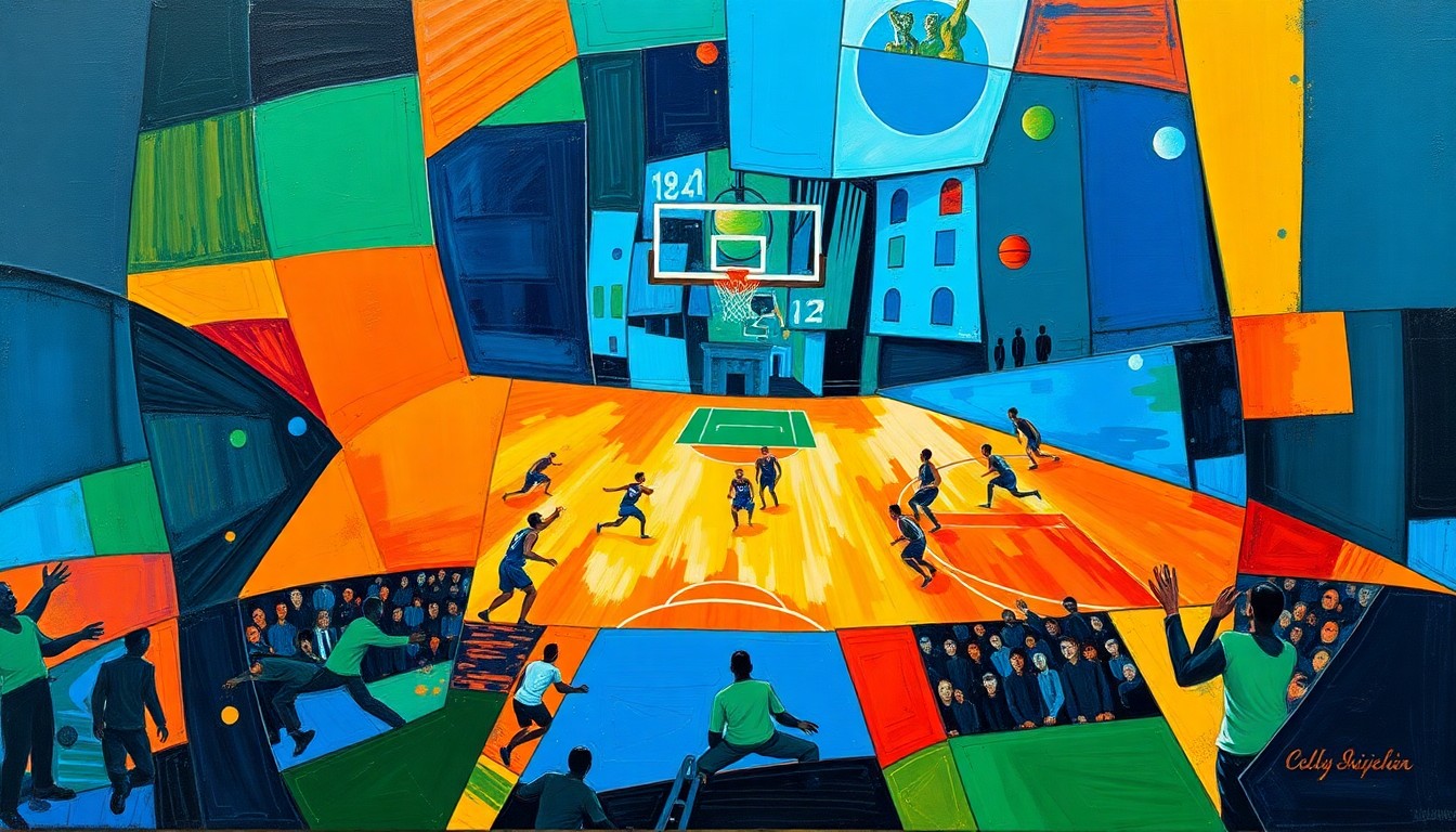 A fractured, multi-perspective painting in bold, clashing colors depicting the dynamic movements and energy of a basketball game, with players and the court deconstructed into sharp, overlapping geometric shapes.