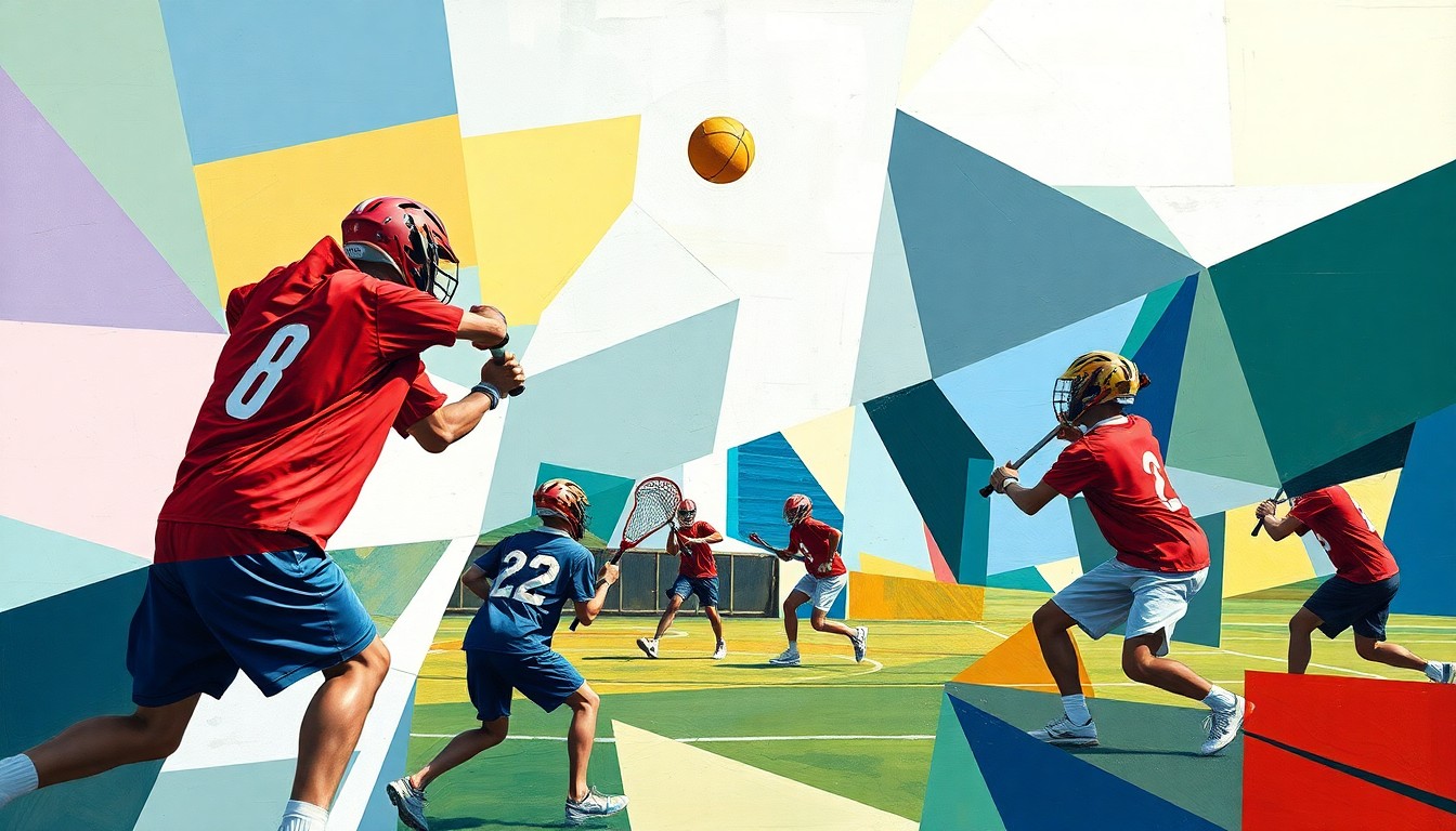 A fragmented, geometric painting depicting the dynamic movements and competitive spirit of a high school lacrosse game.