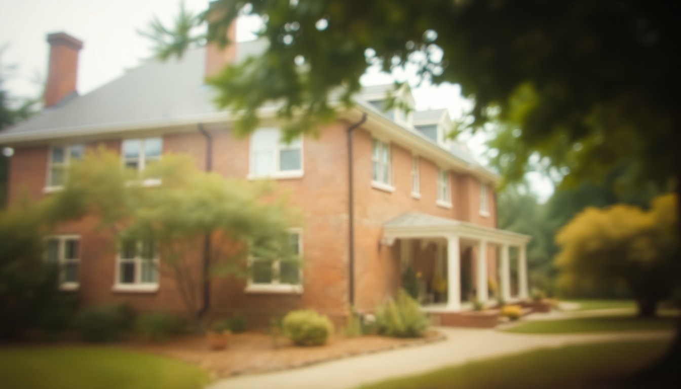 An extremely blurred, impressionistic photograph showing the hazy outline of a large brick home surrounded by trees and greenery, with soft pools of warm light and color creating an atmospheric, dreamlike scene.