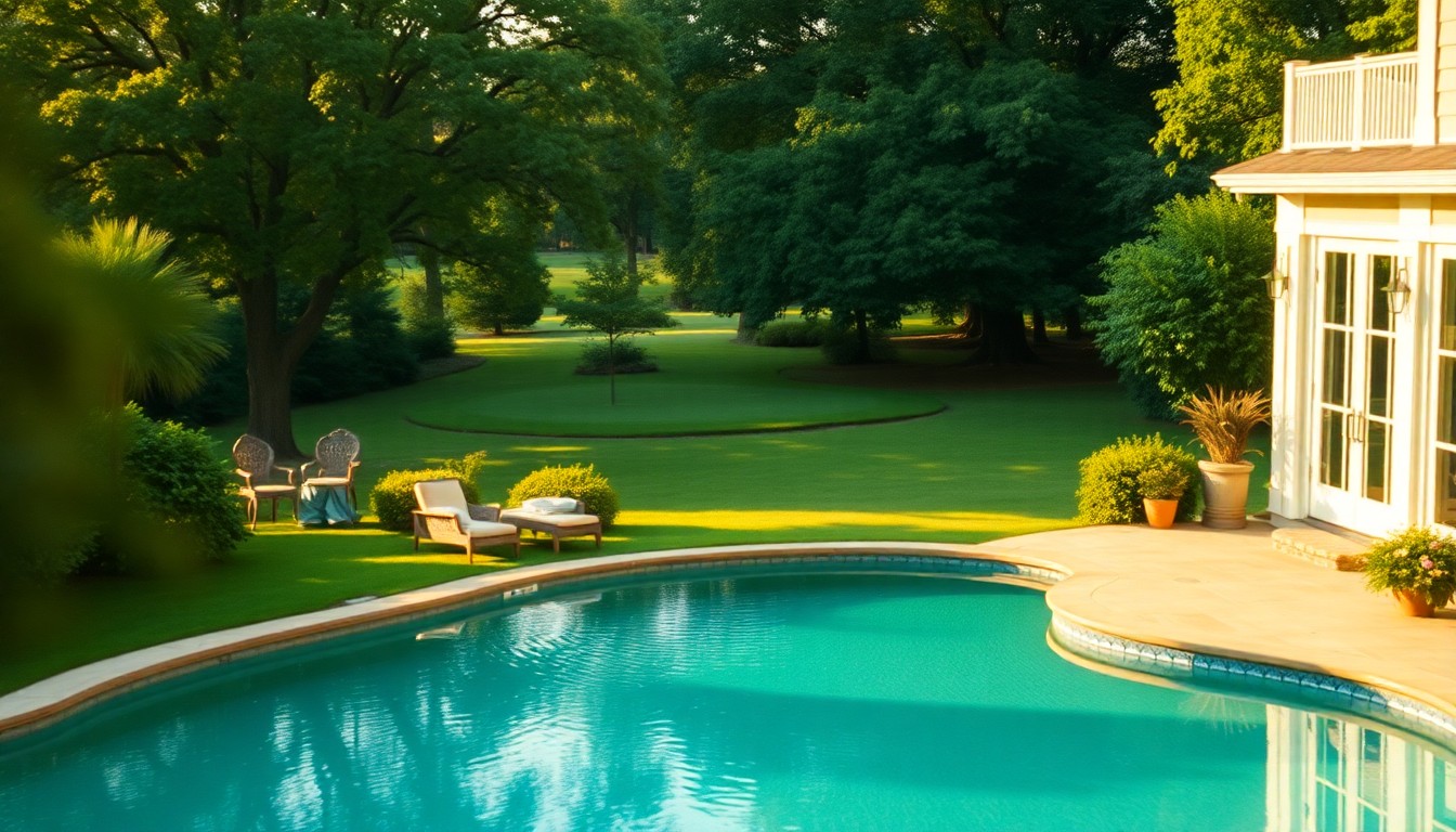 An extremely abstracted, out-of-focus photograph of a lush, green backyard with a swimming pool, patio furniture, and a putting green, all bathed in warm, golden light, conceptually representing the luxury and comfort of this Plantation property.
