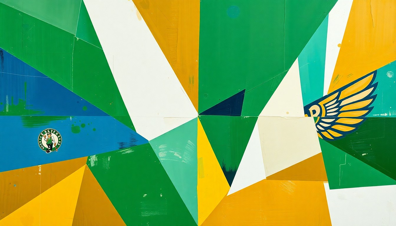 A cubist, geometric painting depicting fragmented, overlapping shapes and planes of green, white, blue, and gold, representing the action and energy of a basketball game between the Boston Celtics and New Orleans Pelicans.