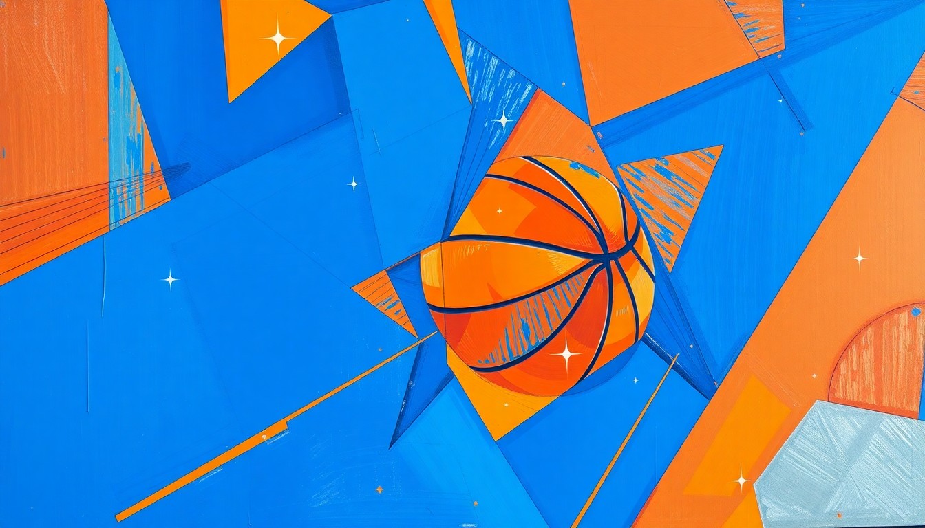 A cubist, geometric painting depicting the motion and energy of a WNBA basketball game, with sharp, overlapping planes of color representing the players and action on the court.