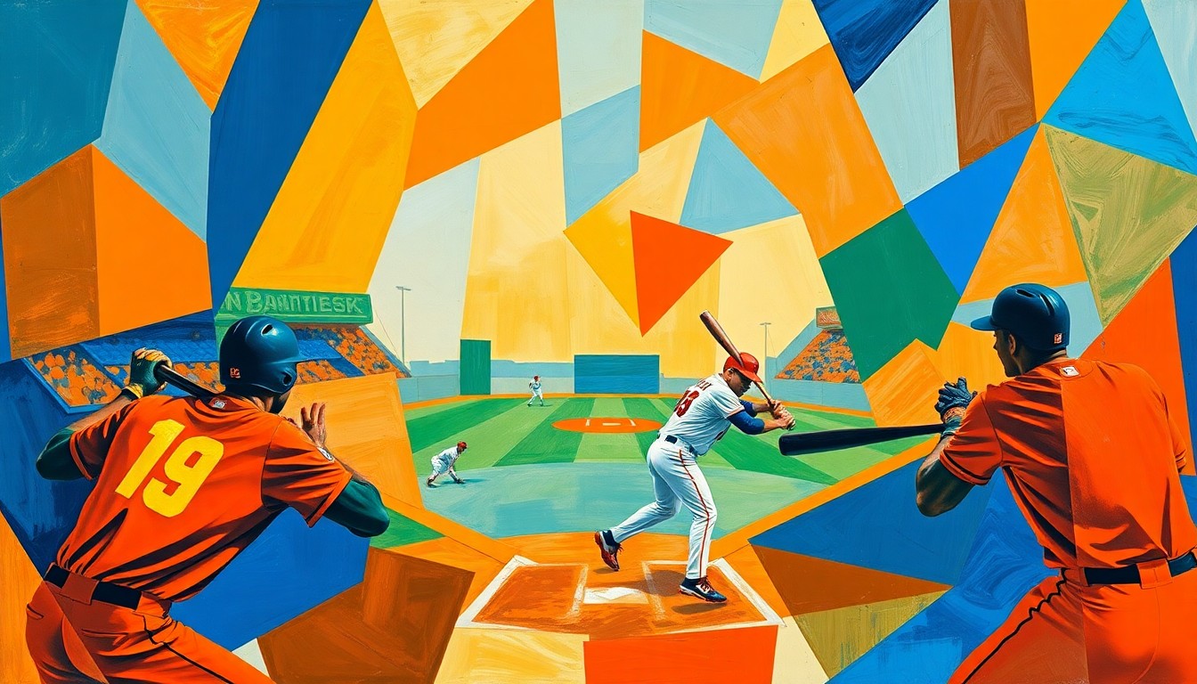 A cubist, geometric painting depicting the dynamic motion and energy of a baseball game, with abstracted player forms and vibrant, overlapping shapes in shades of orange, blue, and green.