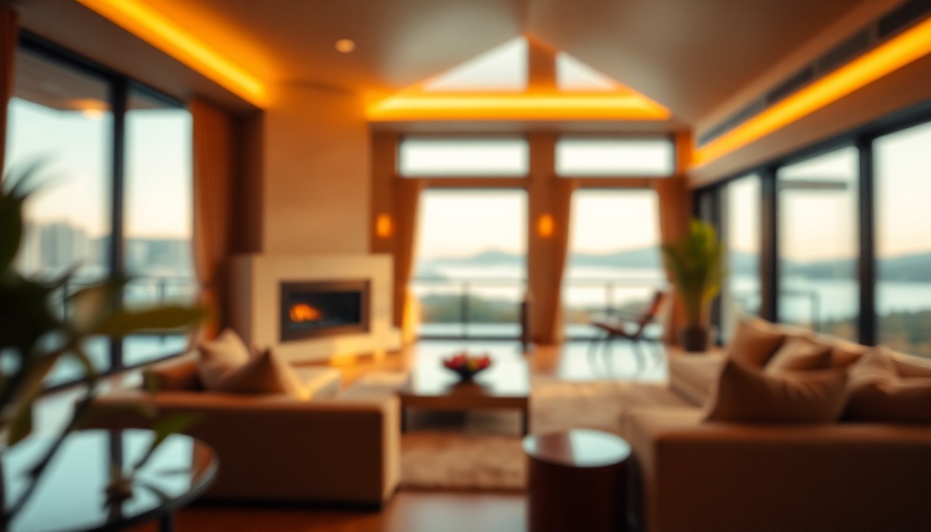 An extremely abstracted, out-of-focus photograph in warm, earthy tones depicting a cozy, inviting interior scene of a luxury home, with soft pools of light and color hinting at the property's expansive views and high-end finishes.
