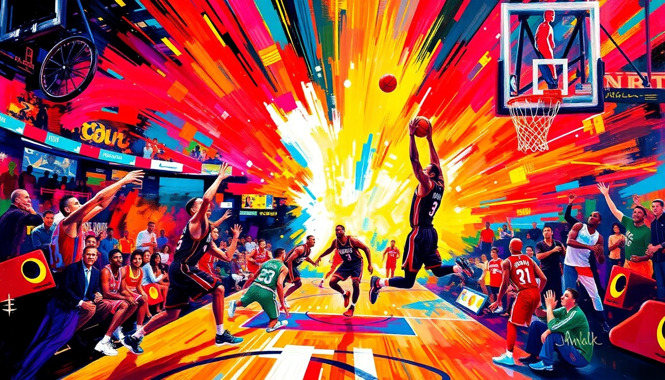 A dynamic, neon-colored painting depicting the frenetic pace and scoring of a high-intensity NBA basketball game, with players' forms blurred into abstract shapes and splashes of vibrant color.