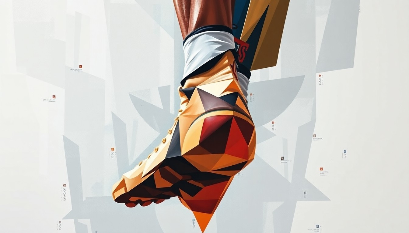 A fragmented, geometric painting depicting a basketball player's twisted ankle, with sharp, overlapping planes of color and form conveying the injury's impact on the player and their team's postseason aspirations.
