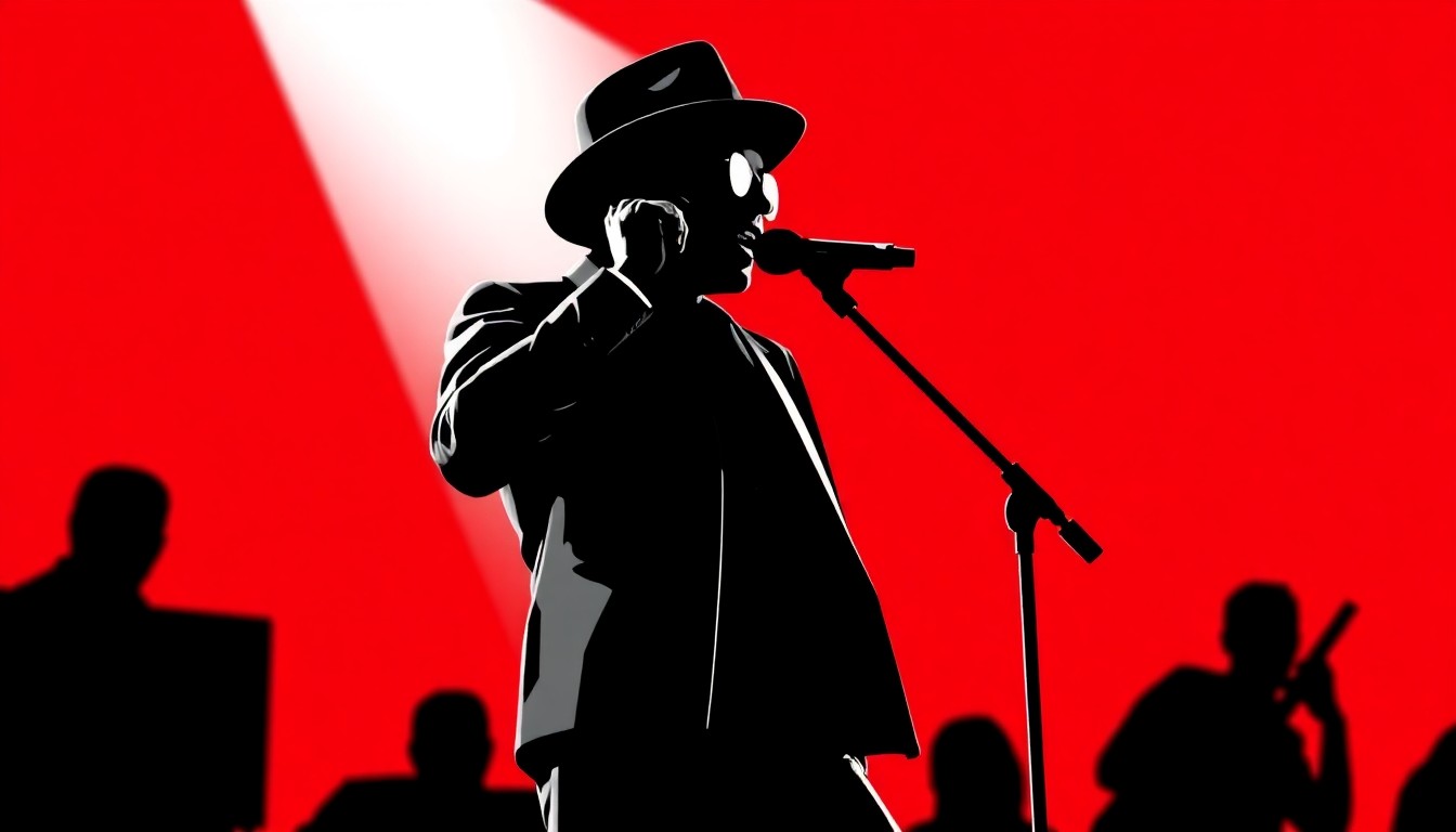 A striking black silhouette of a performer on stage, with a fedora and microphone, set against a bold, graphic backdrop of solid red and white shapes, conceptually representing Bruno Mars' coronation as the 'new king of Las Vegas'.