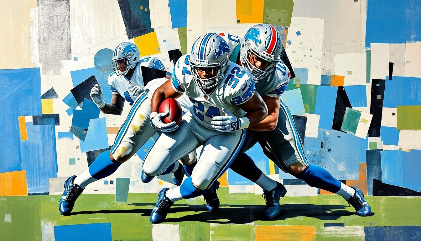 A fractured, multi-perspective painting depicting the powerful movements of a massive offensive tackle, with sharp, overlapping geometric planes in shades of blue, silver, and black, conceptually representing the Lions' evaluation of Kadyn Proctor's unique blend of size and athleticism.