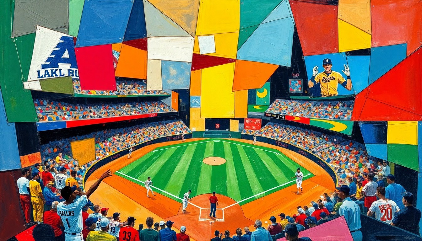 A fragmented, geometric painting in bold colors, depicting a baseball player in motion, with the field and stadium deconstructed into overlapping planes, conveying the dynamic action and multiple viewpoints of the sport.