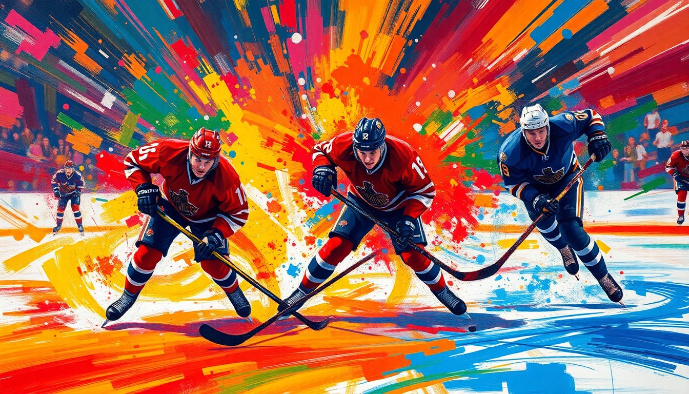 An abstract, expressionist painting in neon colors capturing the intense motion and energy of a hockey game, with players' forms breaking down into vibrant brushstrokes.
