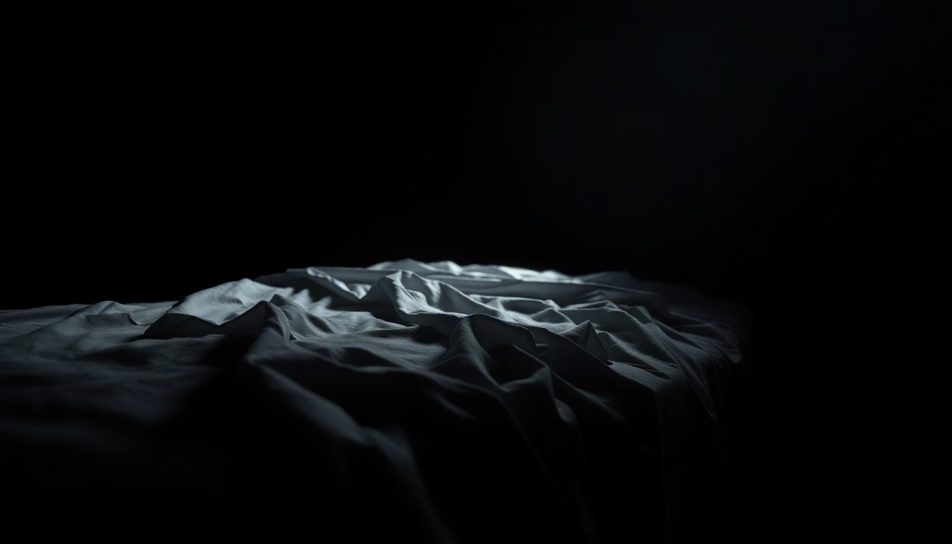 An extreme close-up photograph of a massage table with crumpled sheets, conveying a stark, gritty, and investigative mood through the use of harsh, direct lighting against a pitch-black background.