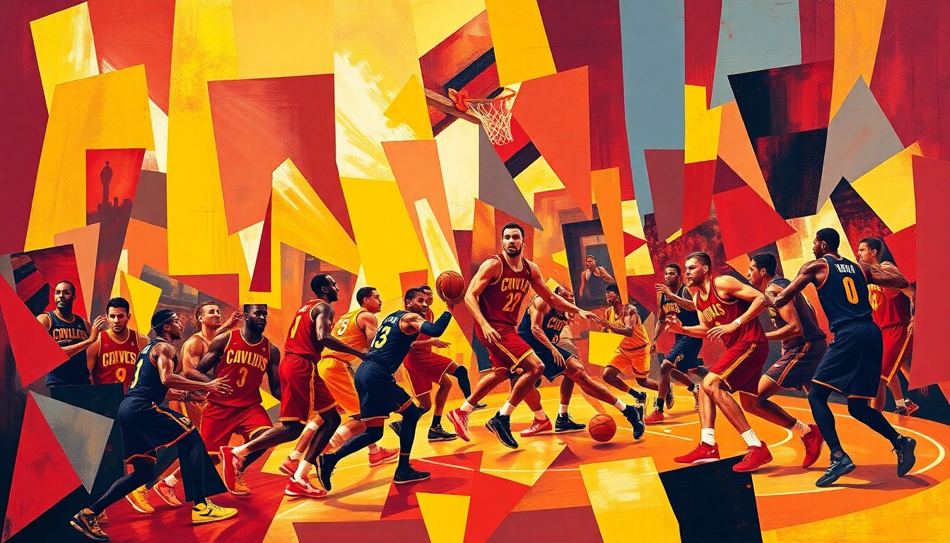 A cubist-style painting depicting the dynamic movements and energy of a Cavaliers basketball game, with overlapping geometric shapes and planes in the team's colors of wine red, gold, and navy blue.