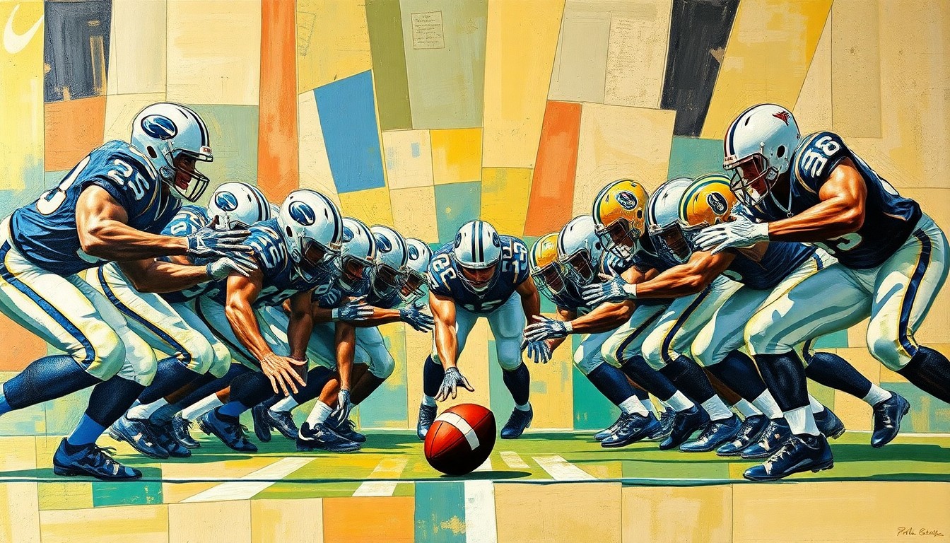 A cubist-style painting depicting a fragmented, geometric interpretation of a football offensive line, with players and equipment broken down into sharp, overlapping shapes and planes, conveying the complexity and importance of the offensive line in the sport.
