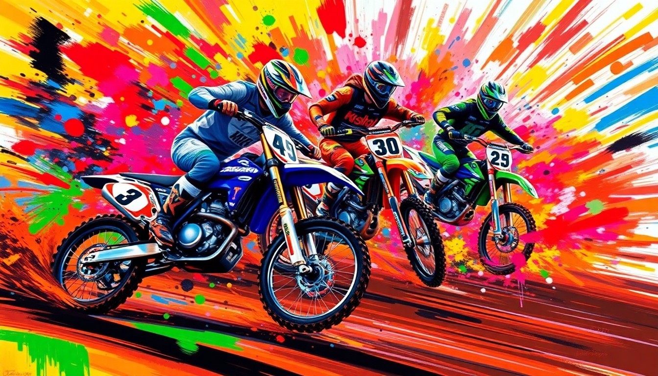 An abstract, expressionist painting in neon colors depicting the high-energy motion and speed of a 250SX motorcycle race, with the bikes and riders blending into a vibrant, chaotic scene.