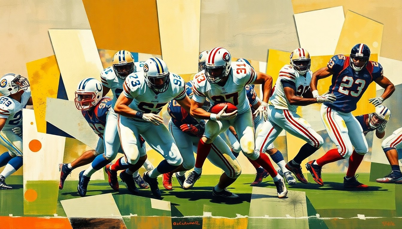 A fragmented, geometric painting depicting the abstract forms of football players in motion, capturing the energy and dynamism of the sport.