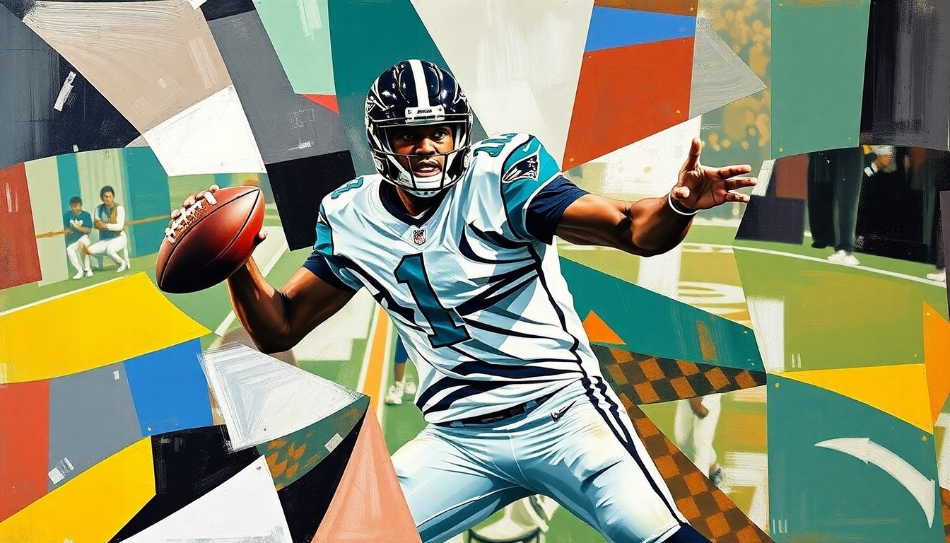 A cubist, geometric painting depicting Lamar Jackson's quarterback play, with sharp, overlapping planes of color and form capturing the dynamic energy of the game.