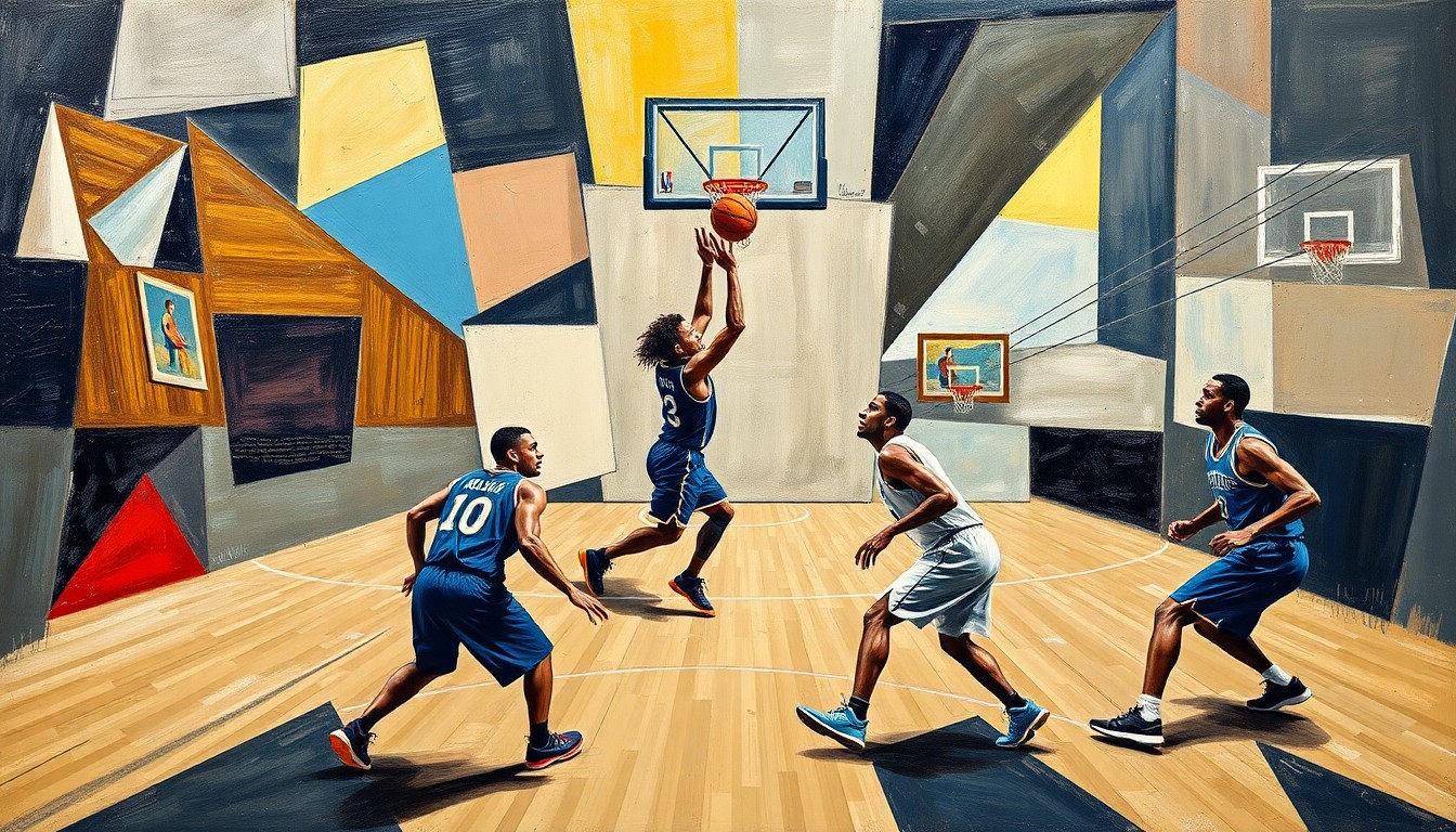 A cubist, fragmented painting depicting a basketball game, with the players' forms abstracted into angular shapes and the ball and court lines creating a dynamic, overlapping composition.