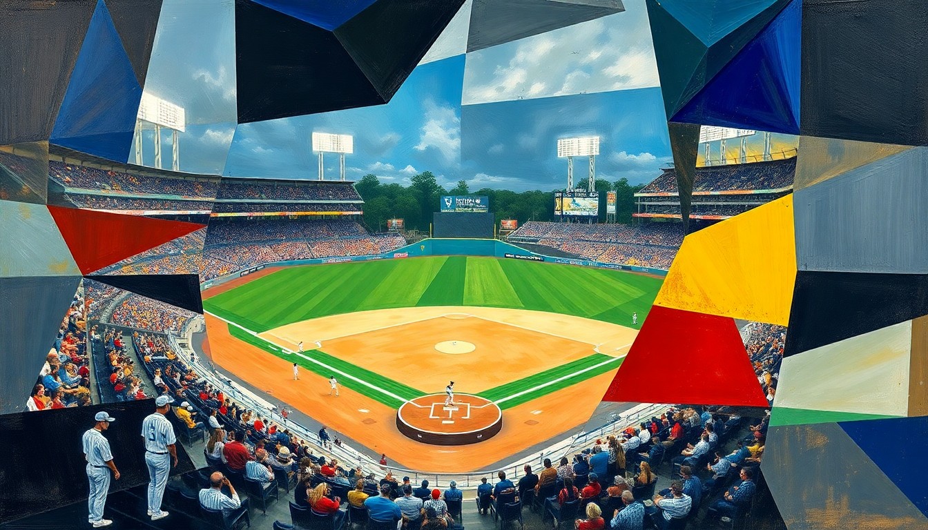 A cubist, geometric painting depicting a college baseball game, with overlapping planes of players, bats, and the field, conveying the dynamic action and tension of the game.