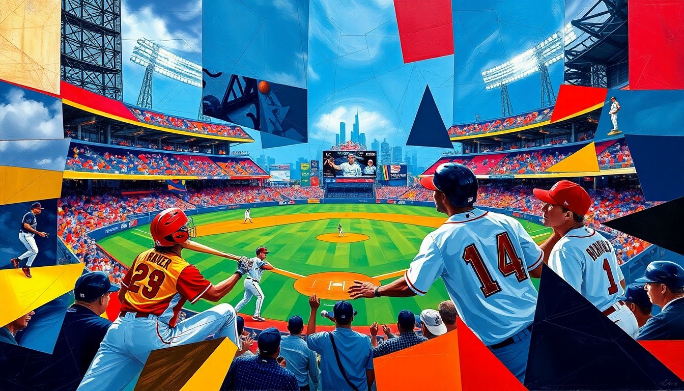 A fractured, multi-perspective painting in the style of Pablo Picasso, breaking a baseball game between the Braves and Guardians down into sharp, overlapping geometric planes of navy blue, red, and gold, capturing the energy and momentum of the game.