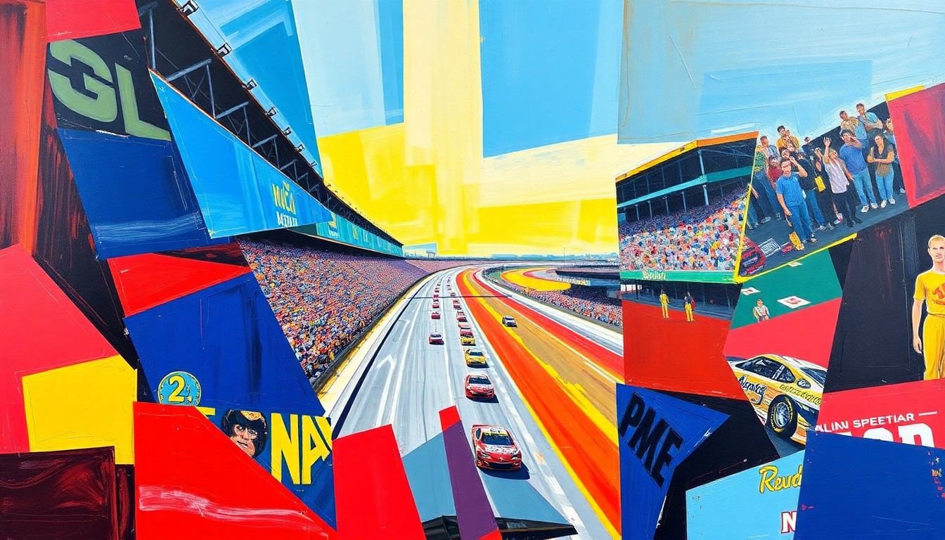 A fractured, geometric painting in vibrant colors depicting the action and movement of a NASCAR race, with no recognizable elements or text.