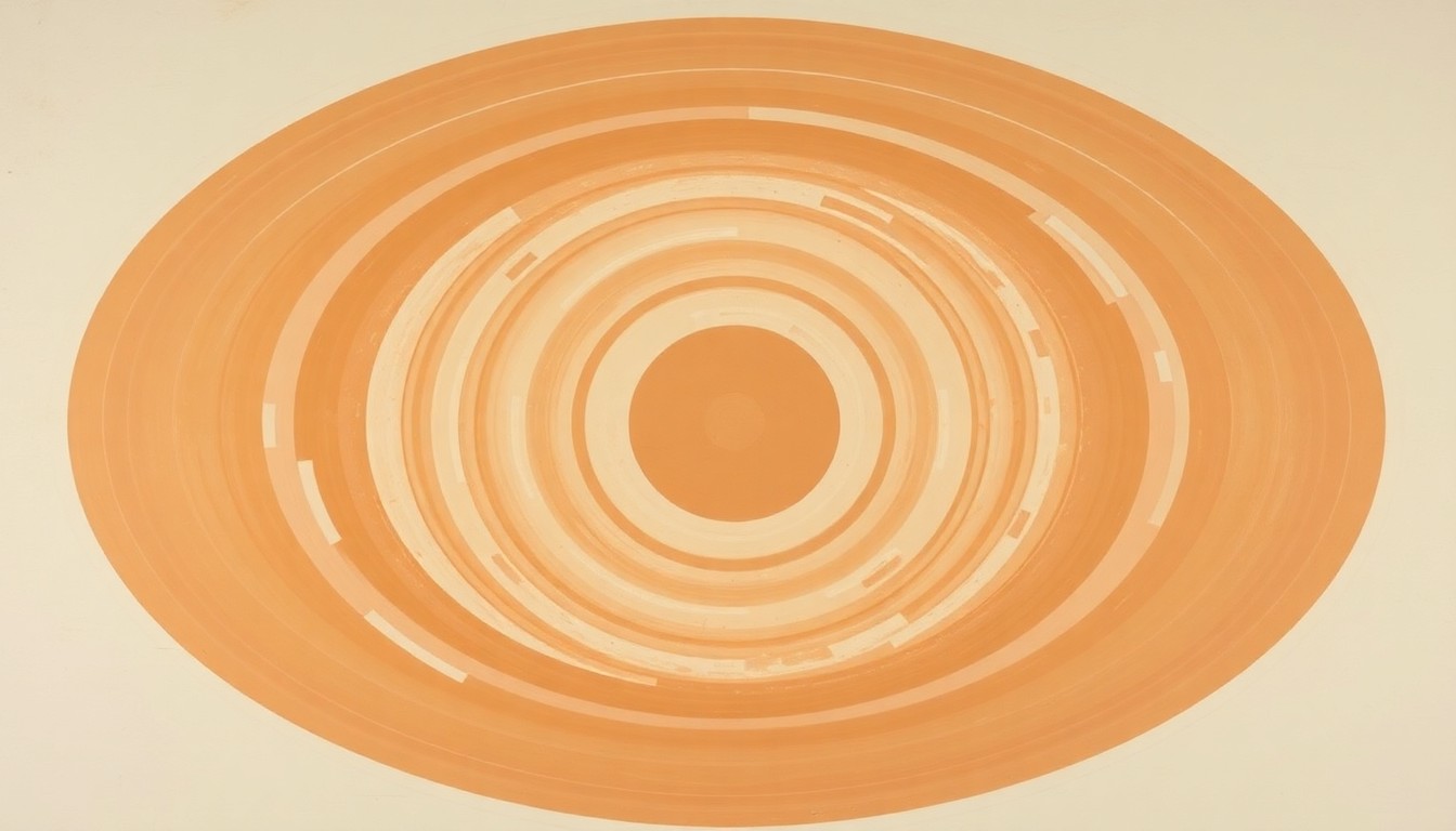 A bold, abstract painting in earthy tones depicting sweeping geometric arcs, concentric circles, and precise spirals, representing the complex forces that shape sound propagation on the Martian surface.