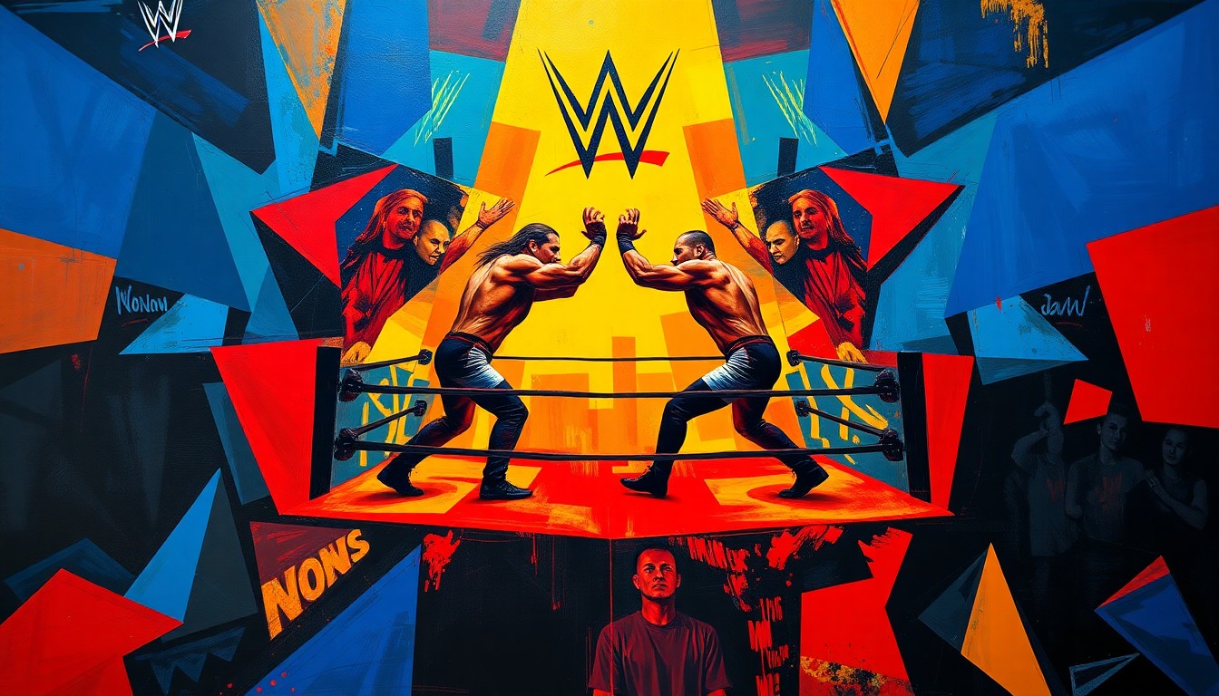 A cubist, geometric painting depicting a WWE wrestling match, with the wrestlers' bodies and the ring broken down into sharp, overlapping shapes in a vibrant color palette, capturing the raw energy and unpredictability of the event.