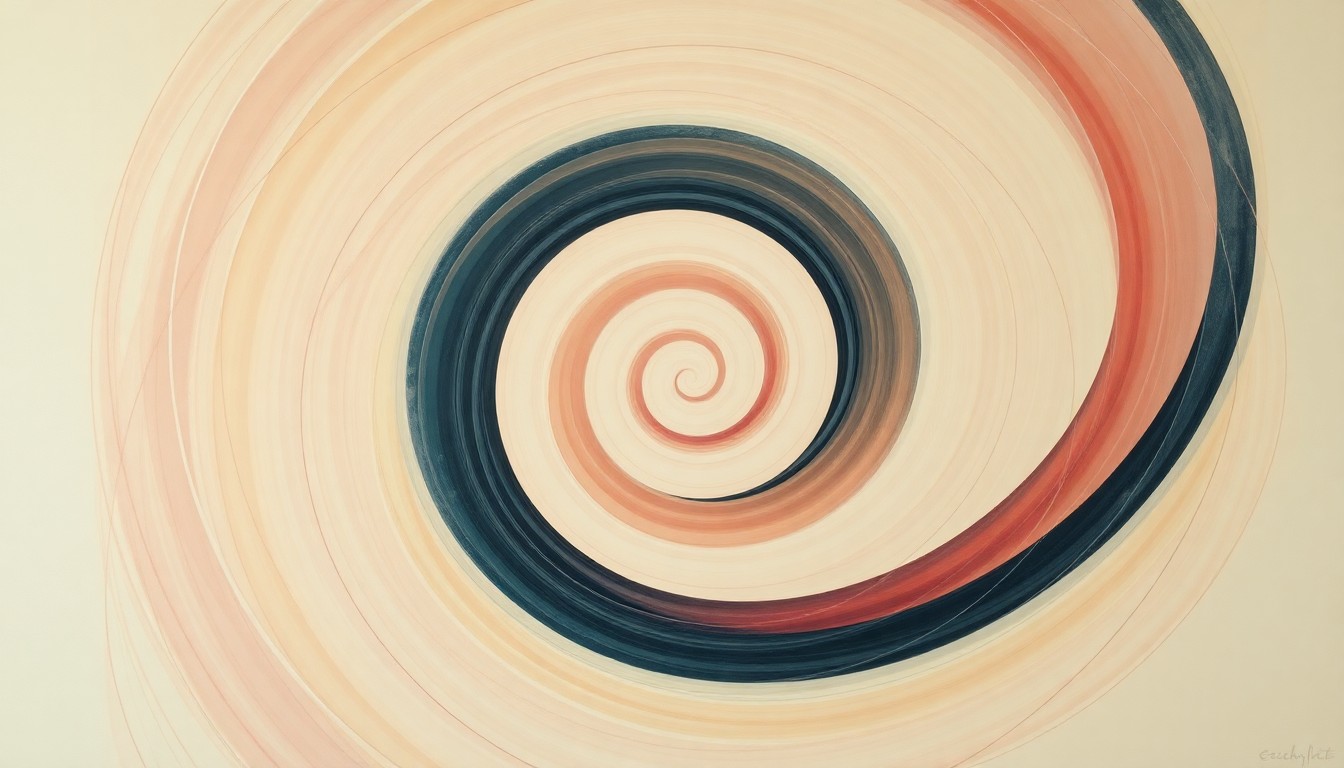 A vibrant abstract painting composed of sweeping geometric shapes, concentric circles, and precise botanical spirals in soft, earthy colors, conceptually representing the complex electron interactions and superconductivity in a new material.