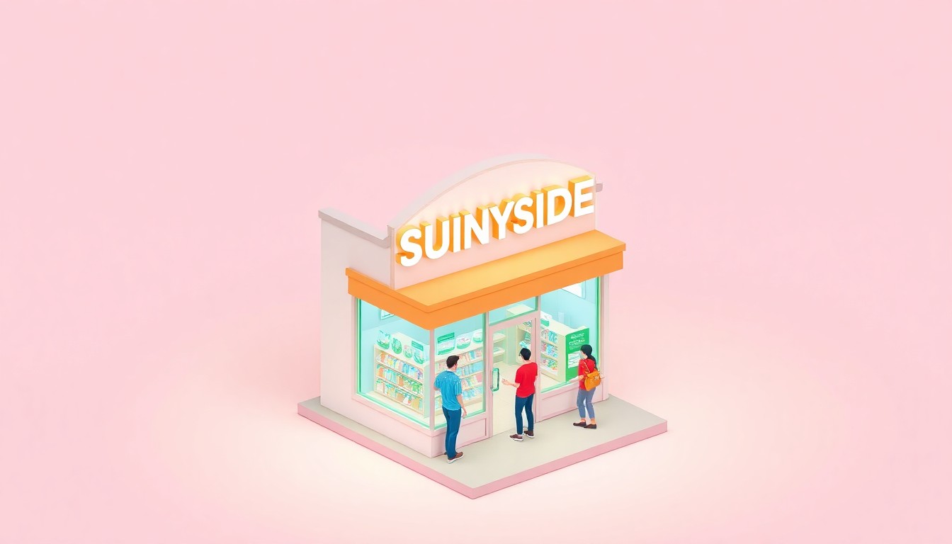 A stylized 3D illustration of a modern, brightly-colored dispensary storefront with customers entering, representing the opening of Sunnyside in Bridgeport and the expansion of the legal cannabis industry.