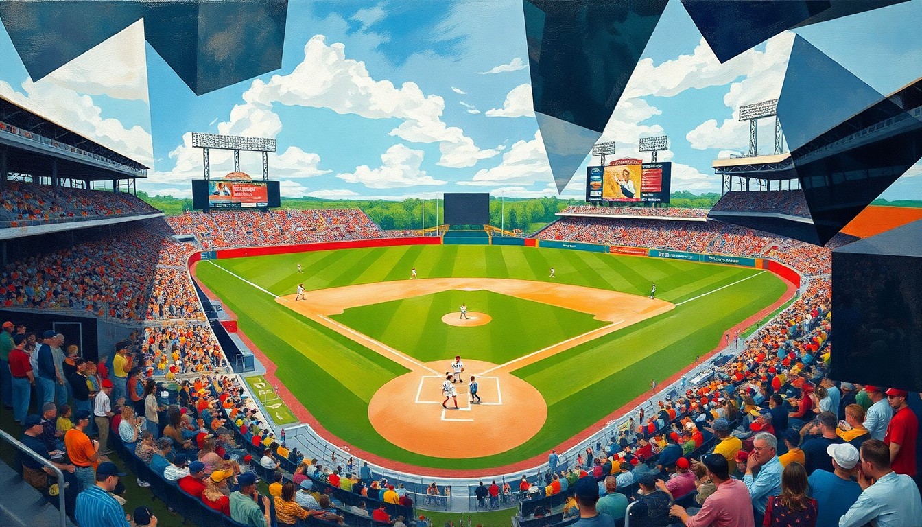 A cubist, geometric painting depicting a high school baseball game, with the players, field, and crowd abstracted into overlapping, angular shapes in a vibrant color palette, conveying the energy and tension of the upset victory.