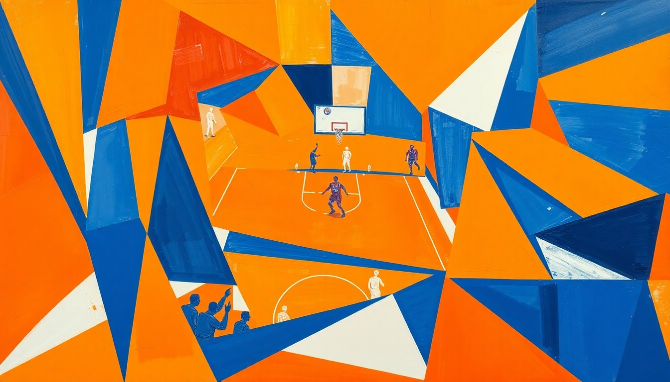 A cubist, geometric painting depicting a Knicks basketball game, with sharp, overlapping planes of orange, blue, and white representing the dynamic action and energy of the team's playoff push.
