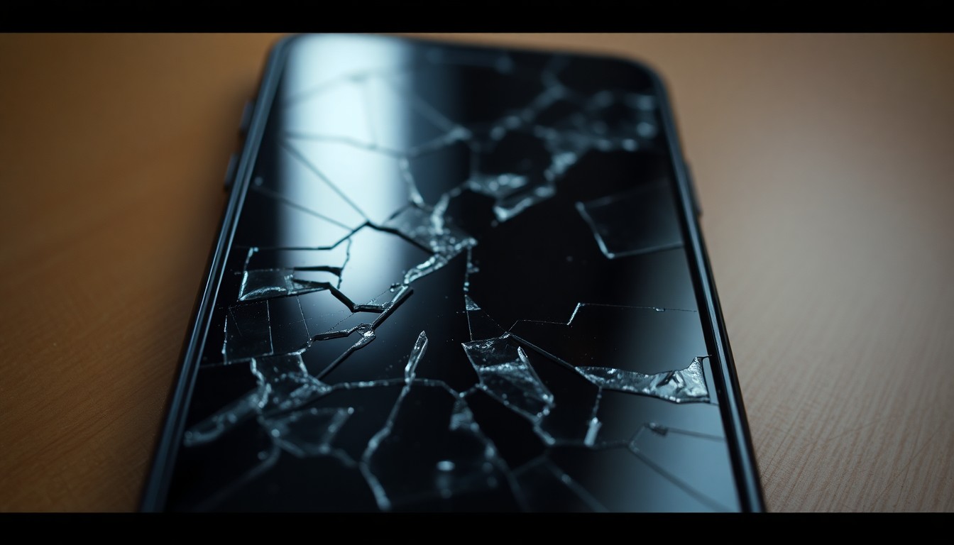 An extreme close-up of a shattered cell phone screen reflecting a faint light, conceptually illustrating the aftermath of a domestic violence incident.