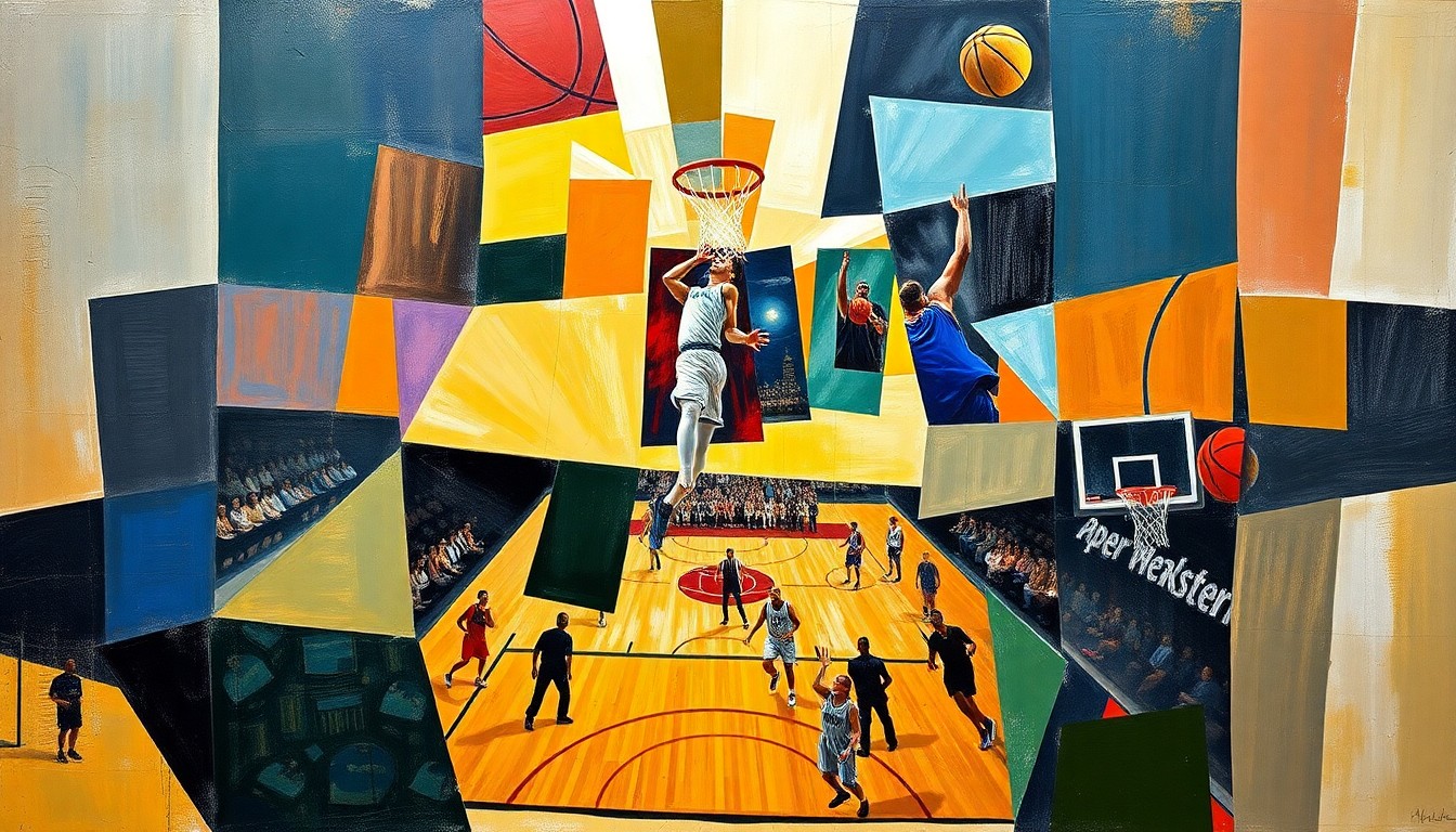 A cubist, geometric painting depicting the dynamic movements and energy of a basketball game, with players and the court broken down into overlapping planes of color and shape.