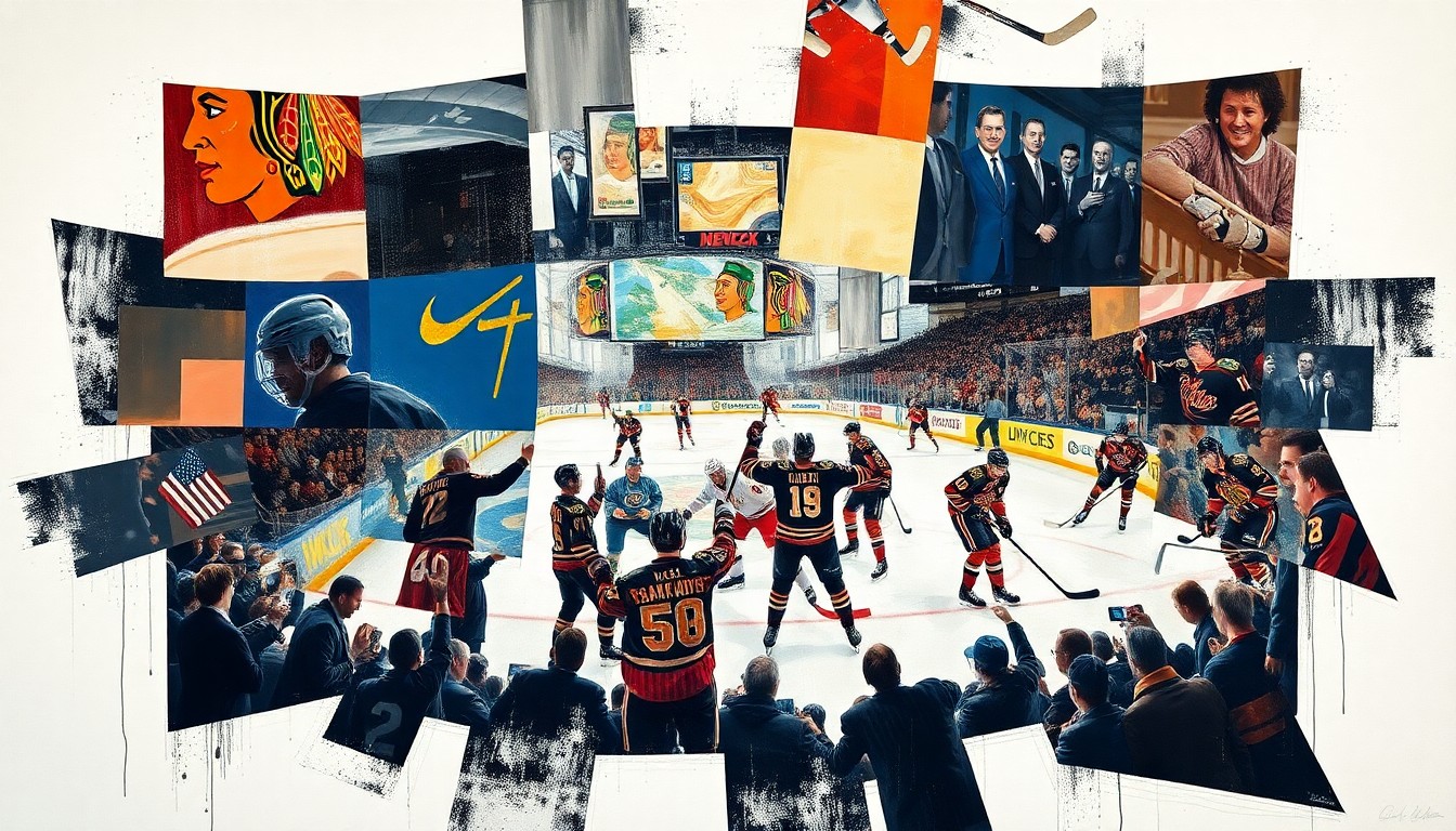 A cubist, geometric painting depicting fragmented scenes of a Blackhawks hockey game or celebration, with sharp, overlapping shapes and planes of color representing the team's rich history and bright future.