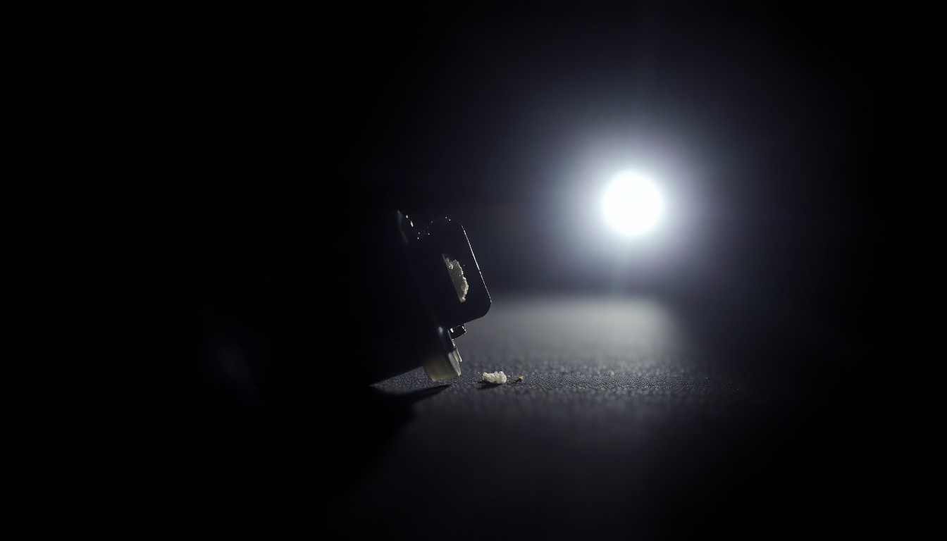 An extreme close-up photograph of a broken car sensor or piece of crime scene evidence, lit by a harsh, direct camera flash against a pitch-black background, conveying a stark, gritty, investigative aesthetic.