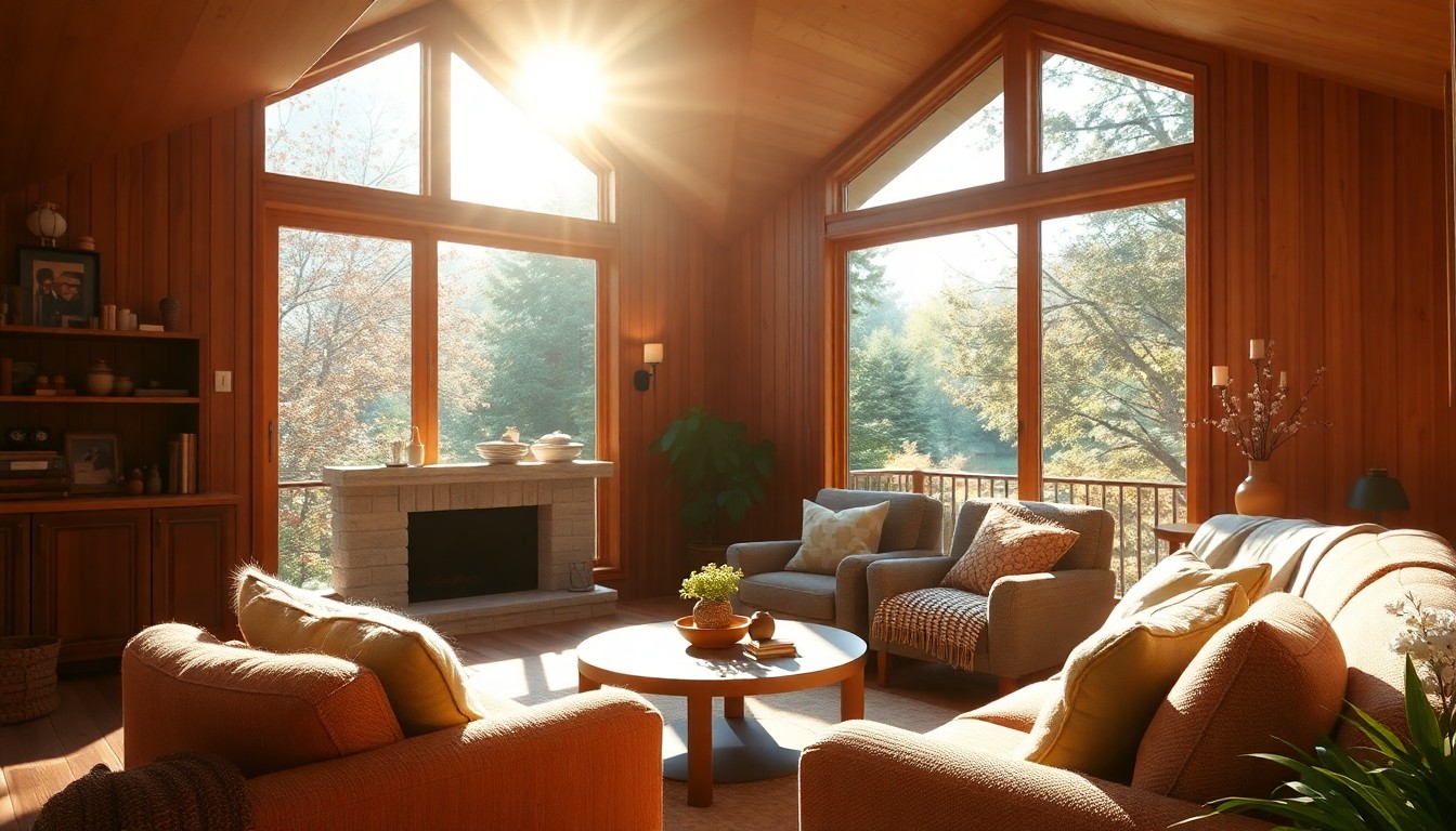 A softly focused, atmospheric photograph of a cozy, sun-drenched living room with warm wood tones, plush textiles, and a glimpse of a lush backyard through a large window, conceptually representing the tranquil and inviting nature of the home.