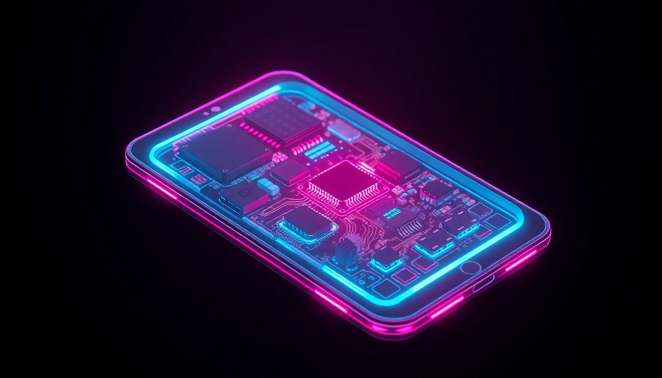 A highly detailed, glowing 3D macro illustration of a futuristic smartphone or tablet device with neon cyan and magenta lights illuminating its internal circuitry and components, floating against a dark, moody background to symbolize the digital world's growing influence on children's lives.